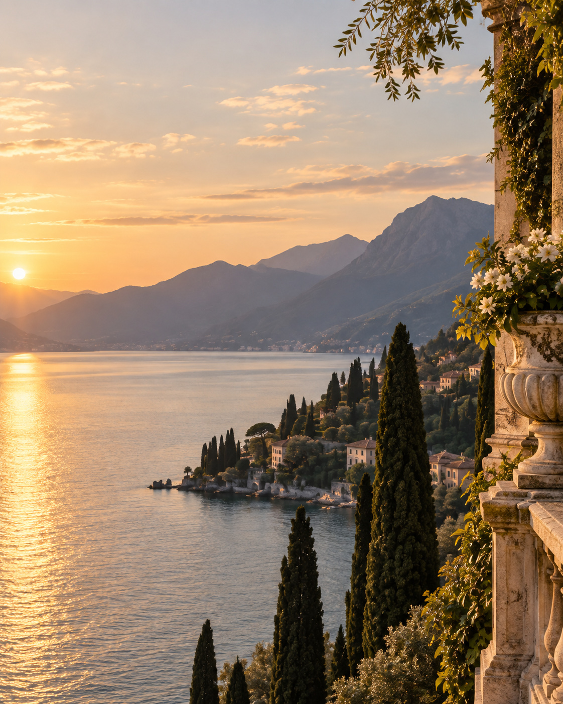 Lake and mountains in golden evening light