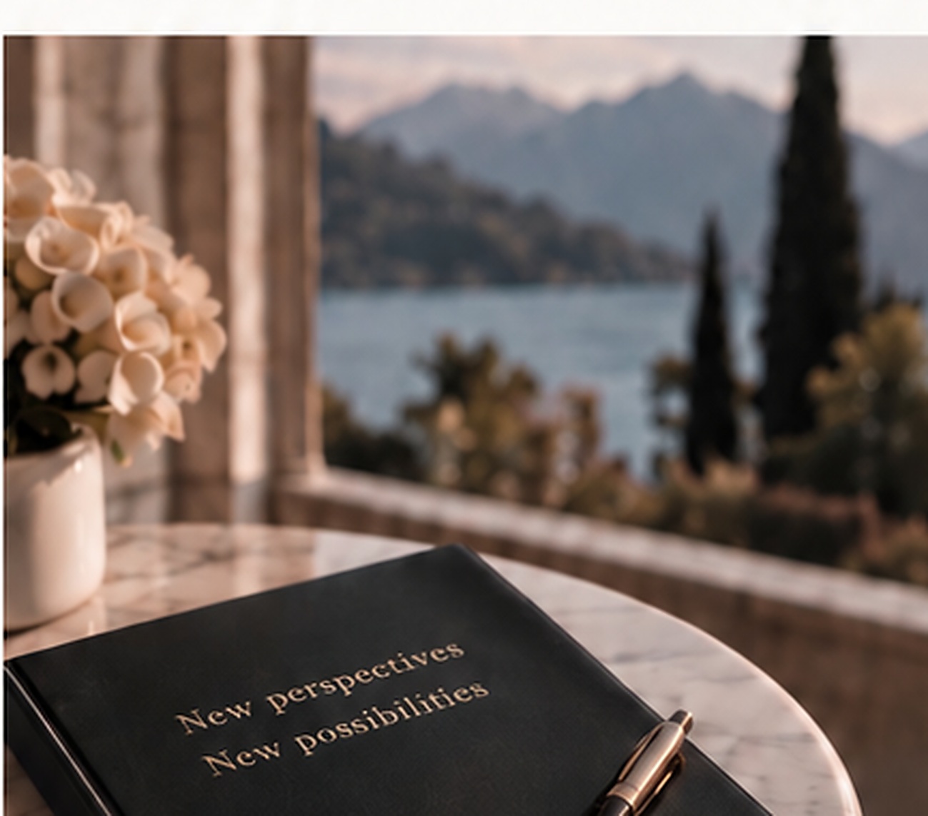 Private notebook on a lakeside terrace